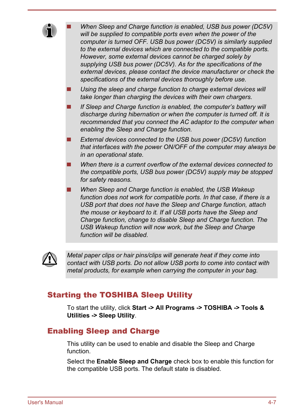 Starting the toshiba sleep utility, Enabling sleep and charge | Toshiba Satellite U840 User Manual | Page 63 / 115