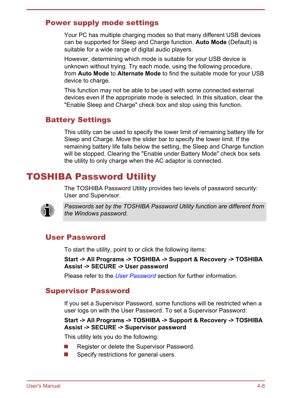 Power supply mode settings, Battery settings, Toshiba password utility | User password, Supervisor password, Toshiba password utility -8 | Toshiba Satellite U840 User Manual | Page 64 / 115