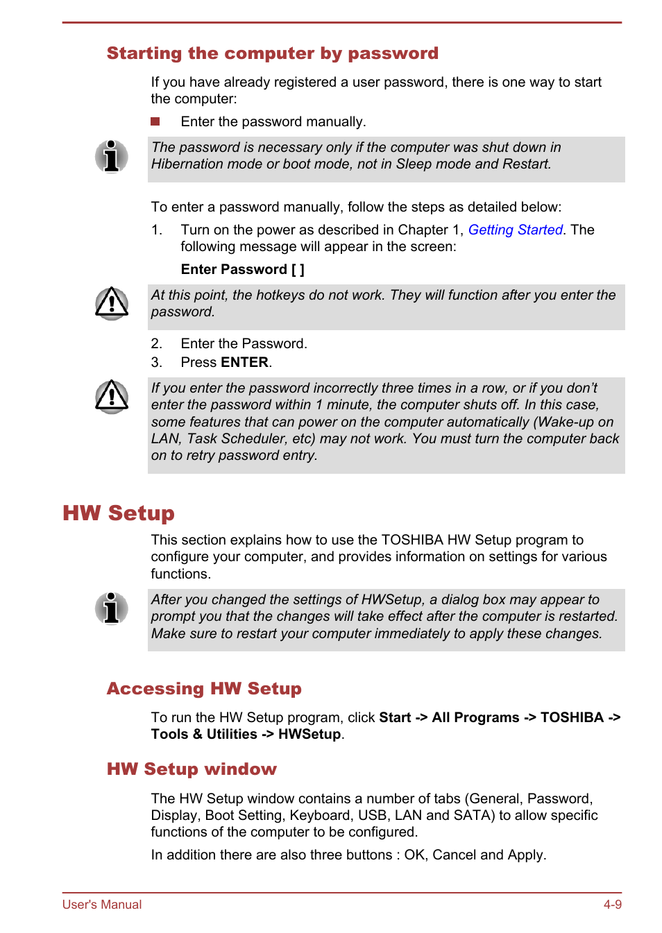 Starting the computer by password, Hw setup, Accessing hw setup | Hw setup window, Hw setup -9 | Toshiba Satellite U840 User Manual | Page 65 / 115