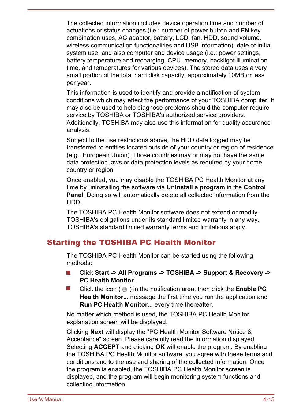 Starting the toshiba pc health monitor | Toshiba Satellite U840 User Manual | Page 71 / 115