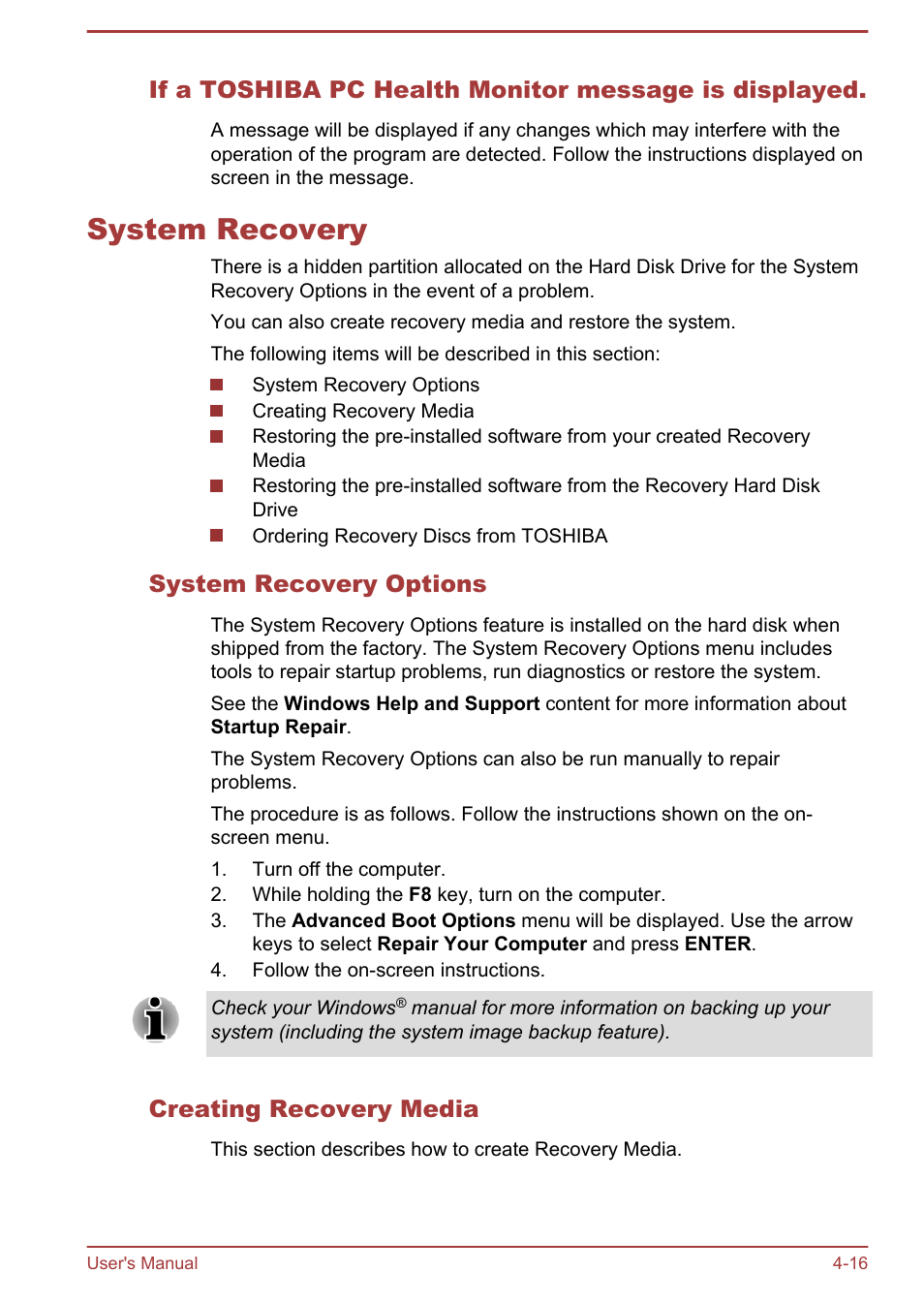 System recovery, System recovery options, Creating recovery media | System recovery -16 | Toshiba Satellite U840 User Manual | Page 72 / 115