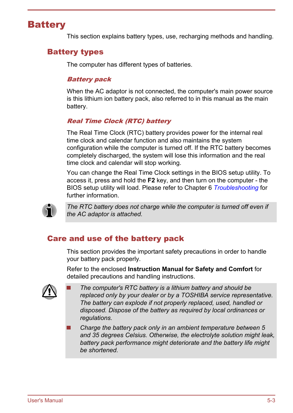 Battery, Battery types, Care and use of the battery pack | Battery -3 | Toshiba Satellite U840 User Manual | Page 78 / 115