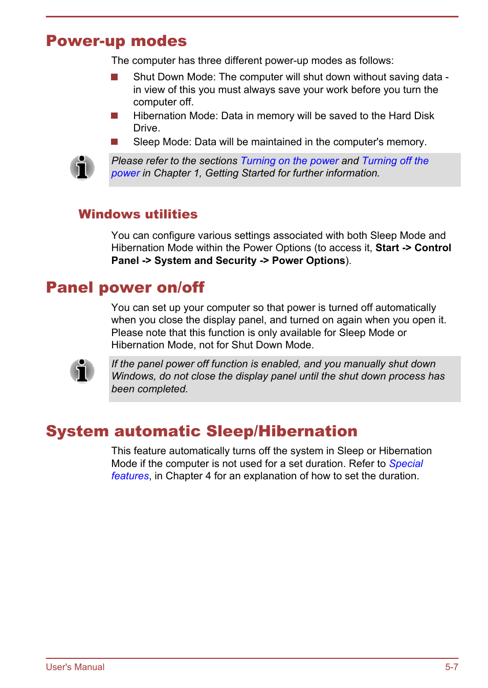 Power-up modes, Windows utilities, Panel power on/off | System automatic sleep/hibernation | Toshiba Satellite U840 User Manual | Page 82 / 115