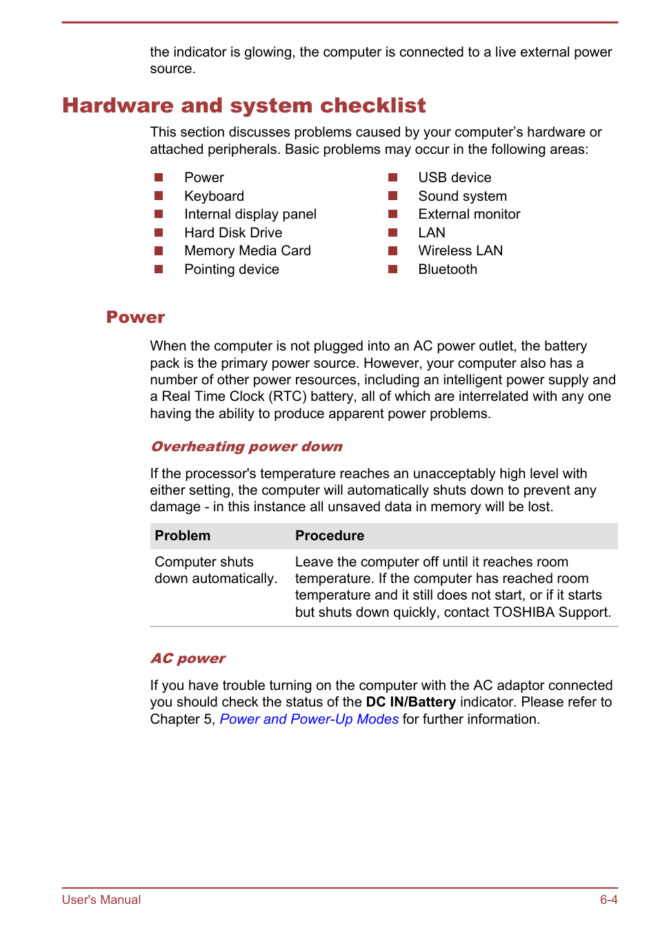 Hardware and system checklist, Power, Hardware and system checklist -4 | Toshiba Satellite U840 User Manual | Page 86 / 115