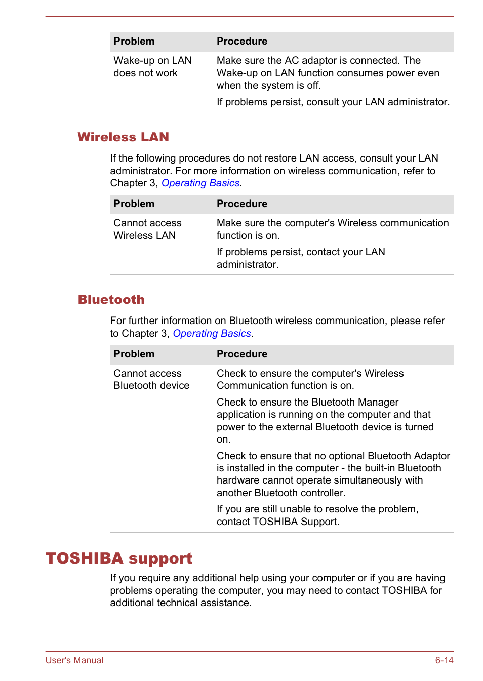 Wireless lan, Bluetooth, Toshiba support | Toshiba support -14 | Toshiba Satellite U840 User Manual | Page 96 / 115