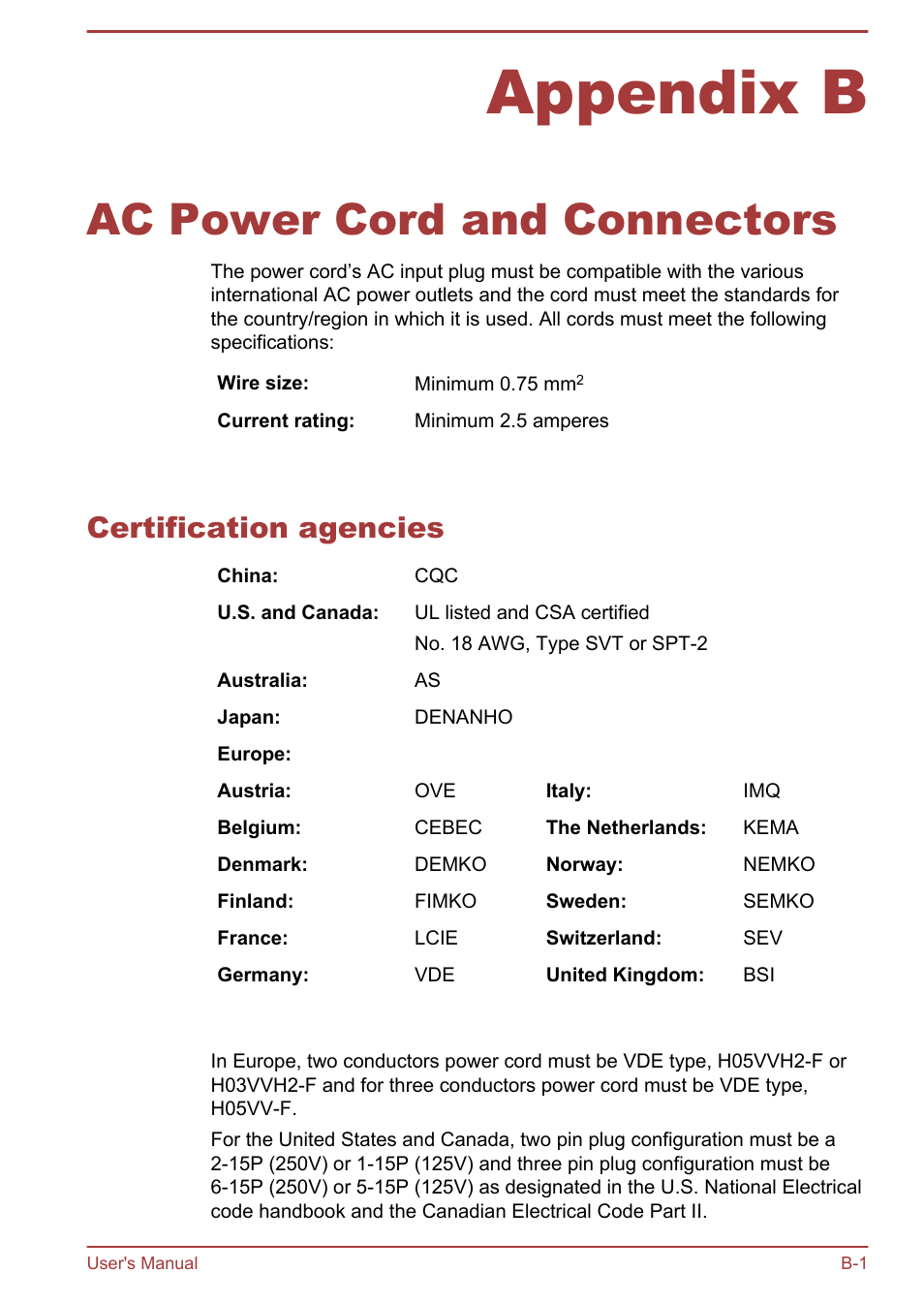 Appendix b ac power cord and connectors, Certification agencies, Appendix b | Ac power cord and connectors | Toshiba Satellite U840 User Manual | Page 99 / 115