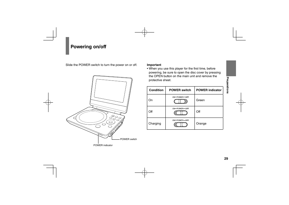 Powering on/off | Toshiba SDP74S User Manual | Page 29 / 72