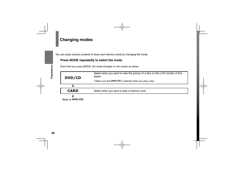 Changing modes, Dvd/cd, Card | Toshiba SDP74S User Manual | Page 30 / 72