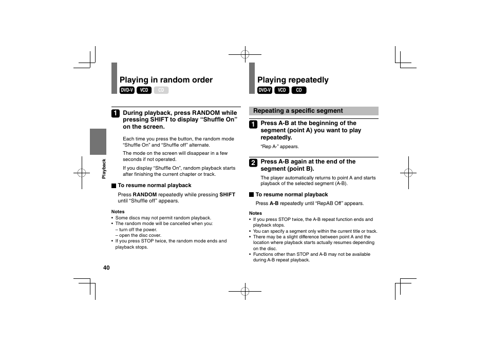 Playing in random order, Playing repeatedly | Toshiba SDP74S User Manual | Page 40 / 72