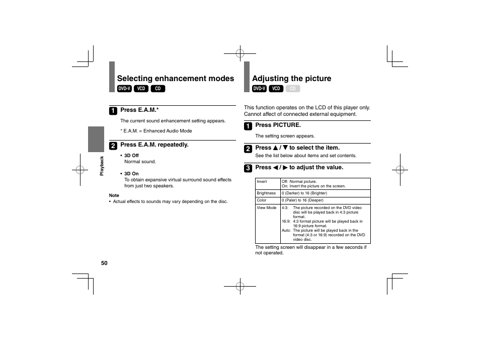 Selecting enhancement modes, Adjusting the picture | Toshiba SDP74S User Manual | Page 50 / 72