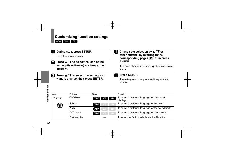 Customizing function settings | Toshiba SDP74S User Manual | Page 54 / 72