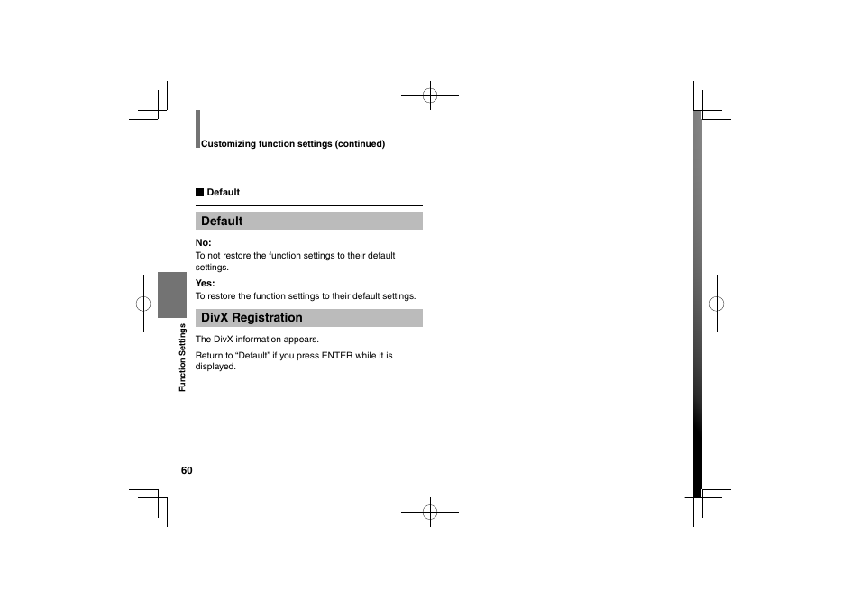 Default, Divx registration | Toshiba SDP74S User Manual | Page 60 / 72