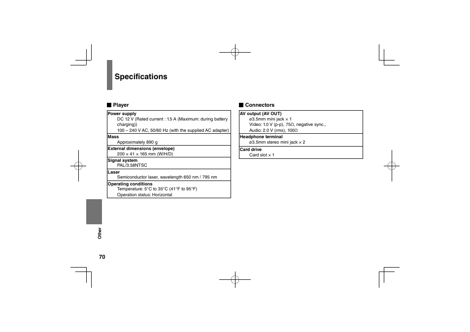 Specifications | Toshiba SDP74S User Manual | Page 70 / 72