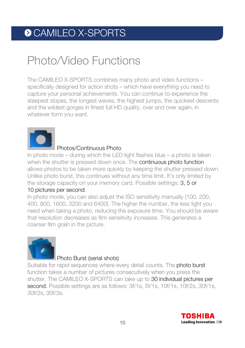Camileo x-sports, Photo/video functions | Toshiba Camileo X-Sports User Manual | Page 10 / 21