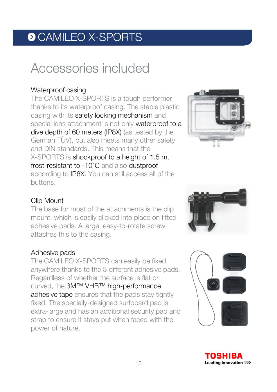 Camileo x-sports, Accessories included | Toshiba Camileo X-Sports User Manual | Page 15 / 21