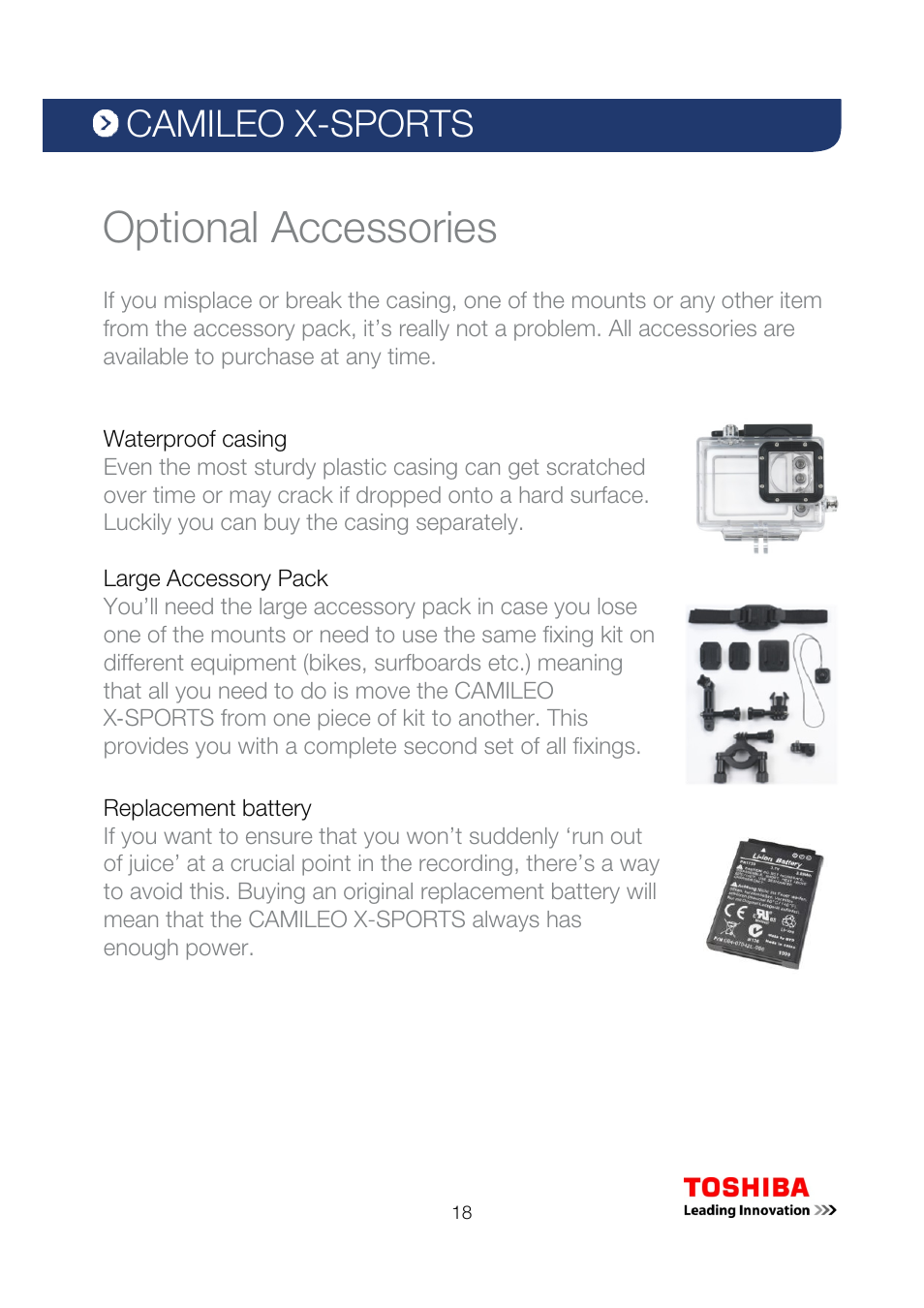 Camileo x-sports, Optional accessories | Toshiba Camileo X-Sports User Manual | Page 18 / 21