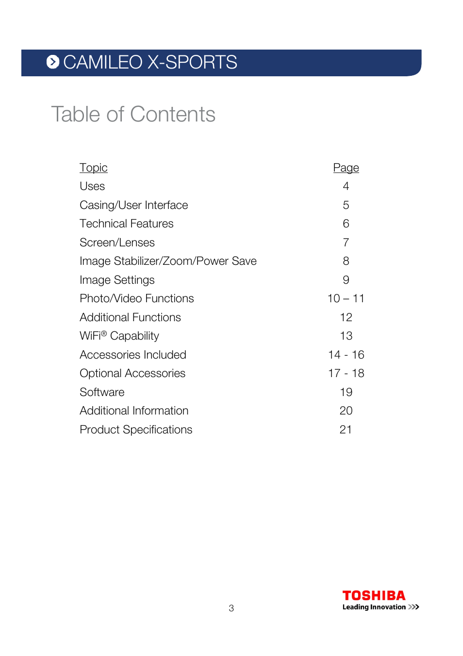Toshiba Camileo X-Sports User Manual | Page 3 / 21