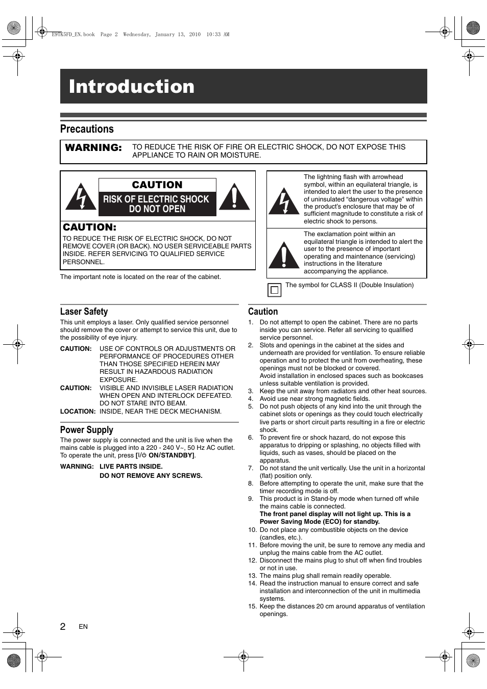 Introduction, Precautions, Laser safety | Power supply, Caution, Warning, Risk of electric shock do not open caution | Toshiba DVR80 User Manual | Page 2 / 80