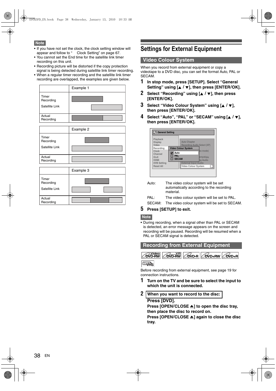 Settings for external equipment, Video colour system, Recording from external equipment | Toshiba DVR80 User Manual | Page 38 / 80