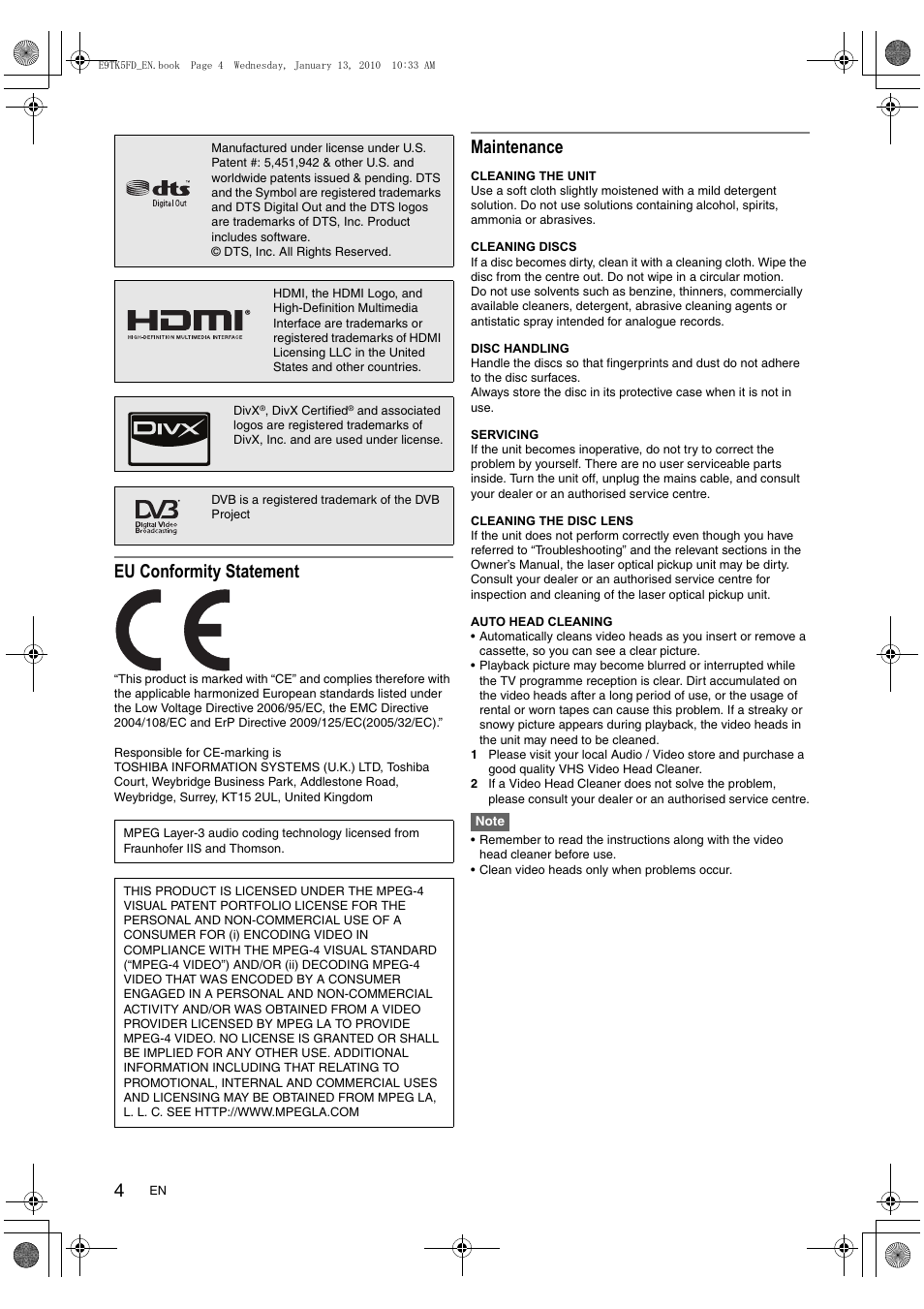 Eu conformity statement, Maintenance | Toshiba DVR80 User Manual | Page 4 / 80