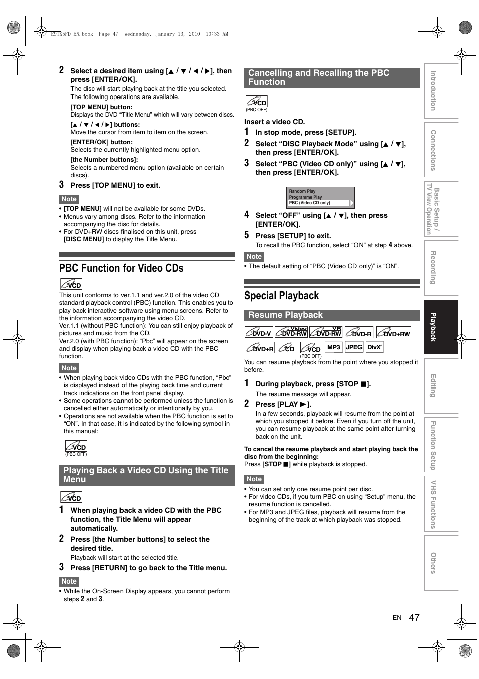 Pbc function for video cds, Special playback, Playing back a video cd using the title menu | Toshiba DVR80 User Manual | Page 47 / 80