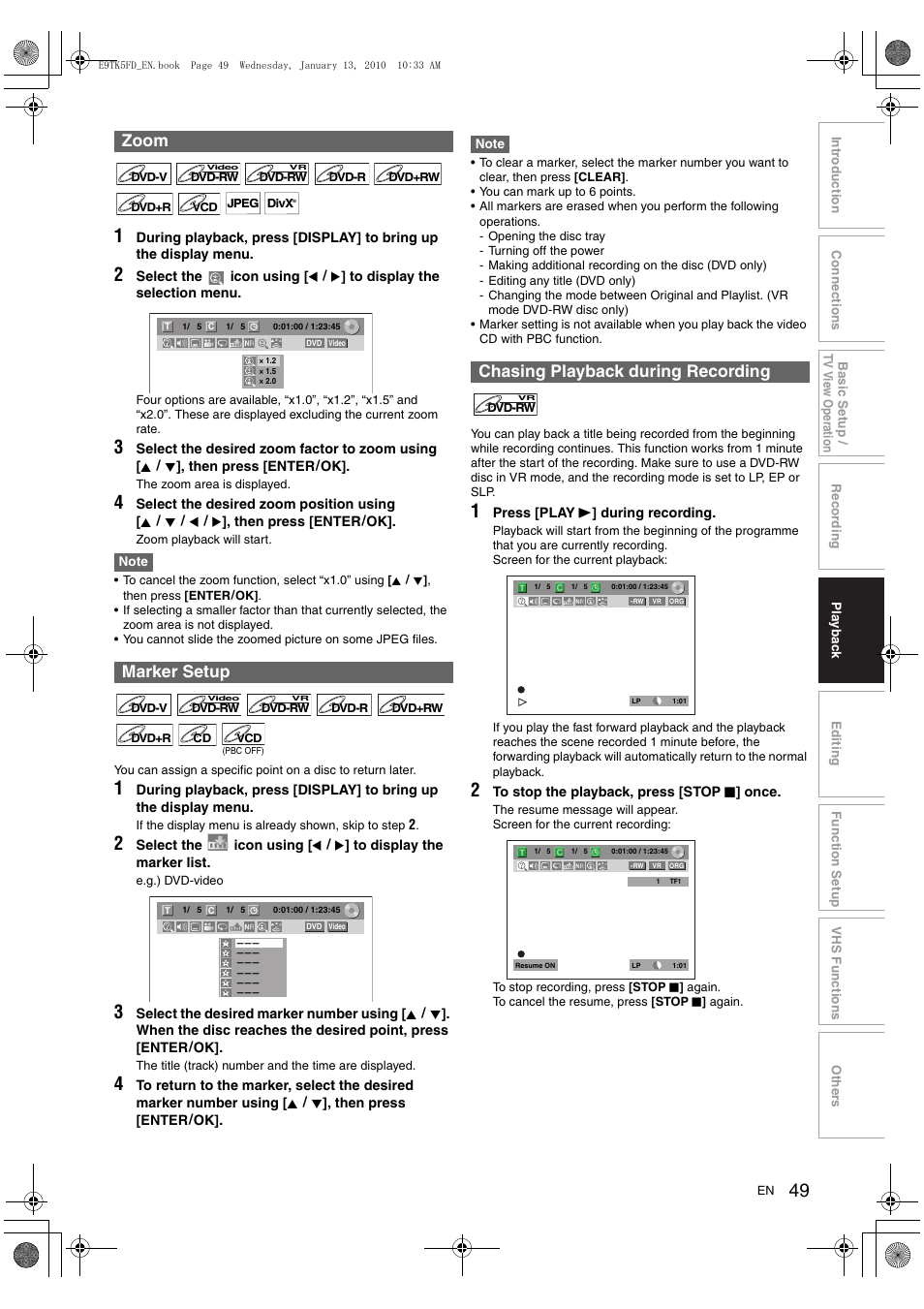 Zoom marker setup, Chasing playback during recording | Toshiba DVR80 User Manual | Page 49 / 80