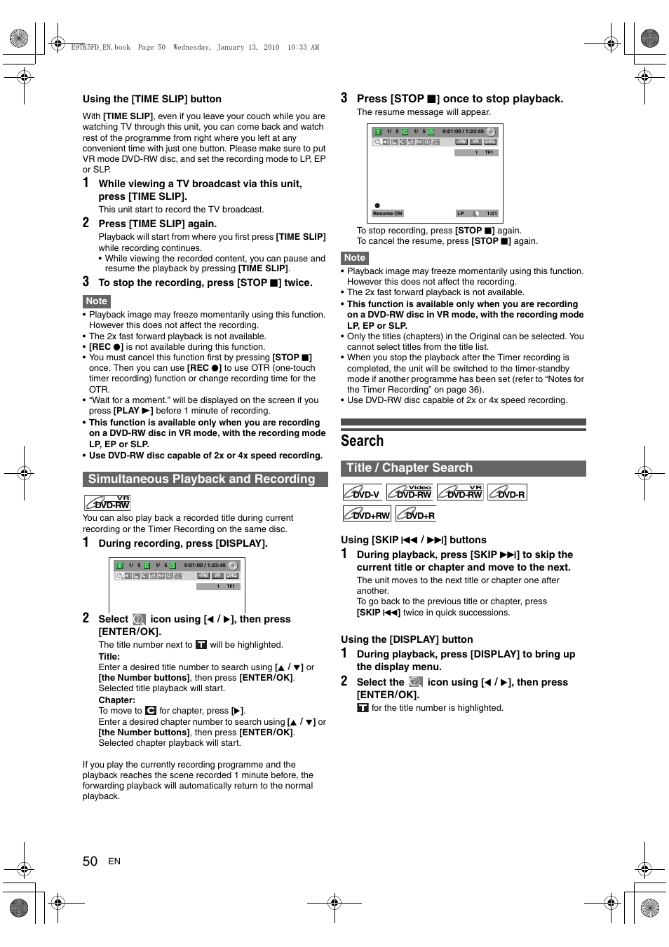 Search, Simultaneous playback and recording, Title / chapter search | Toshiba DVR80 User Manual | Page 50 / 80