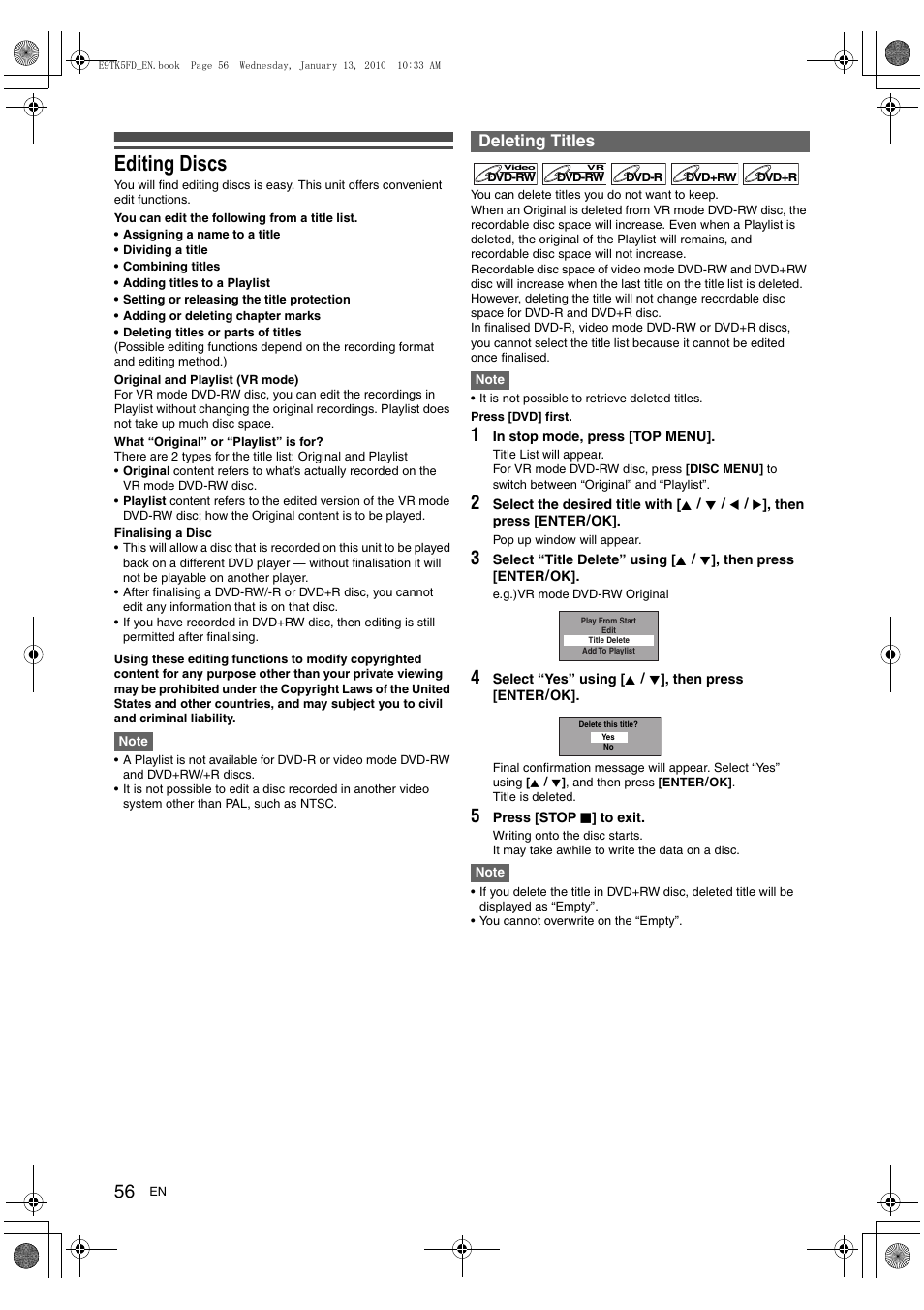 Editing discs, Deleting titles | Toshiba DVR80 User Manual | Page 56 / 80