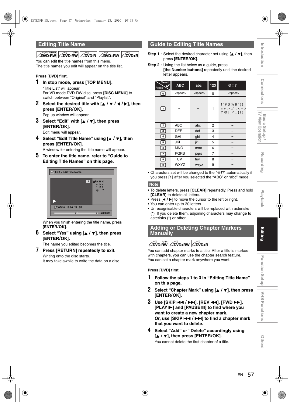 Editing title name, Guide to editing title names, Adding or deleting chapter markers manually | Toshiba DVR80 User Manual | Page 57 / 80