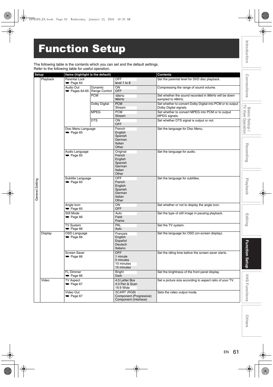 Function setup | Toshiba DVR80 User Manual | Page 61 / 80