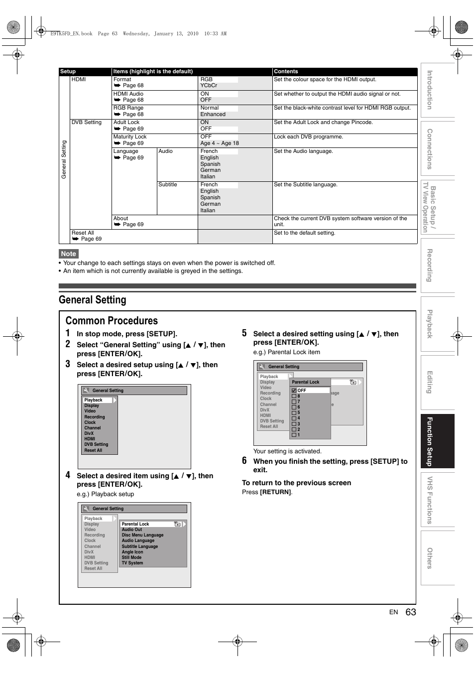 General setting, Common procedures | Toshiba DVR80 User Manual | Page 63 / 80