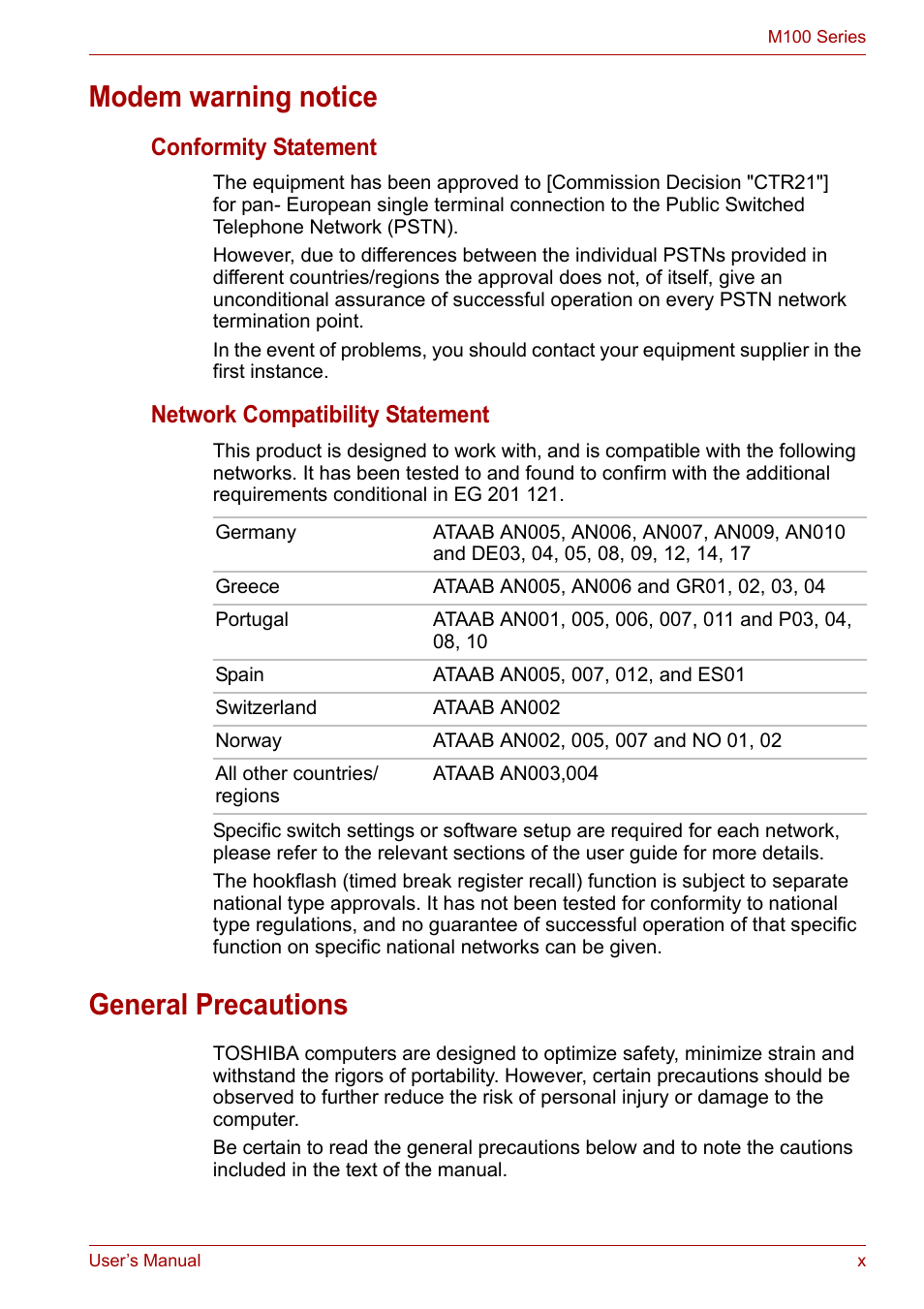 Modem warning notice, General precautions, Conformity statement | Network compatibility statement | Toshiba Equium M100 (PSMA8) User Manual | Page 10 / 149