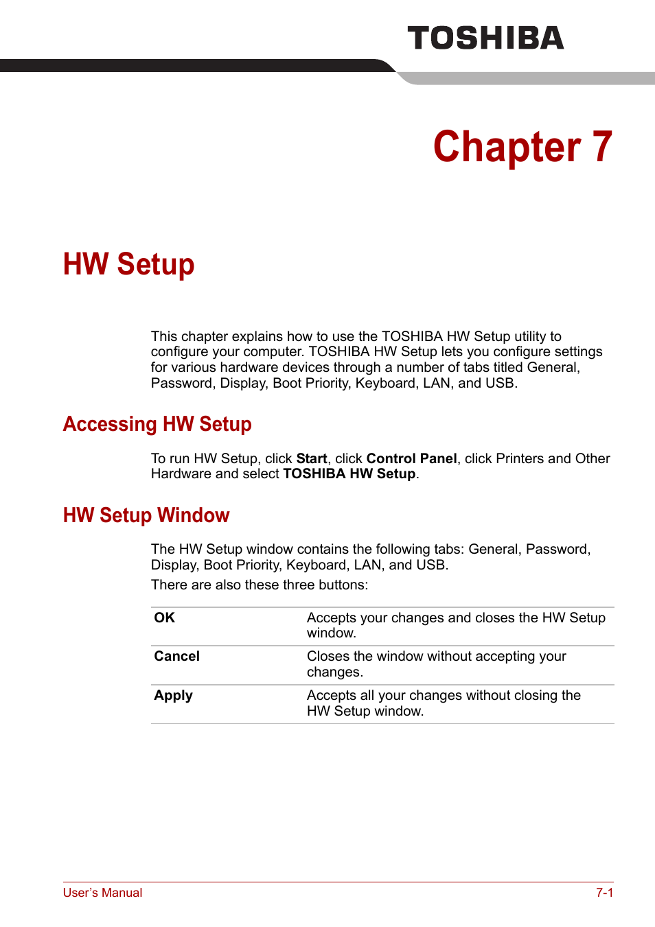 Chapter 7: hw setup, Accessing hw setup, Hw setup window | Chapter 7, Hw setup, Accessing hw setup -1 hw setup window -1, Introd | Toshiba Equium M100 (PSMA8) User Manual | Page 100 / 149