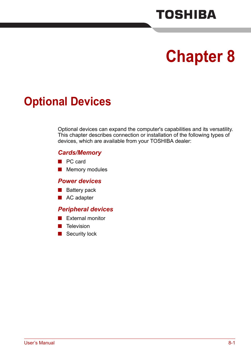 Chapter 8: optional devices, Chapter 8, Optional devices | Optional, Devices | Toshiba Equium M100 (PSMA8) User Manual | Page 103 / 149