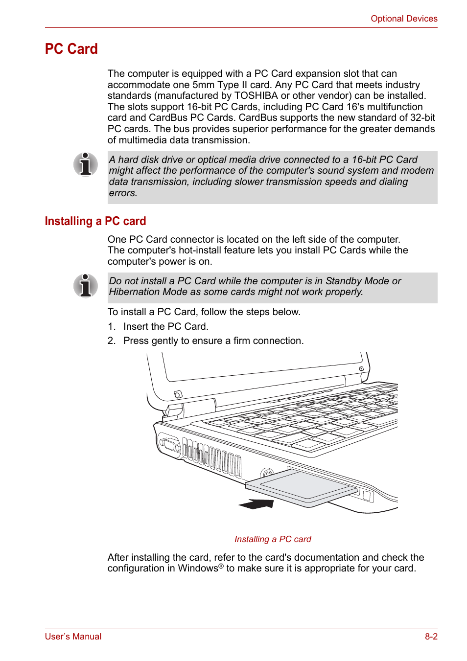Pc card, Pc card -2, Installing a pc card | Toshiba Equium M100 (PSMA8) User Manual | Page 104 / 149