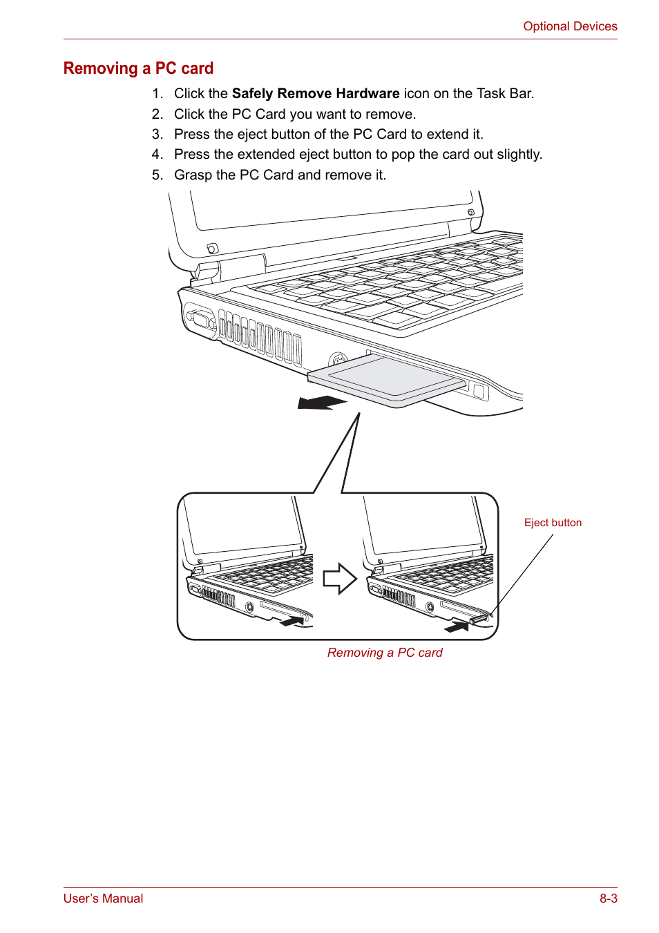 Removing a pc card | Toshiba Equium M100 (PSMA8) User Manual | Page 105 / 149