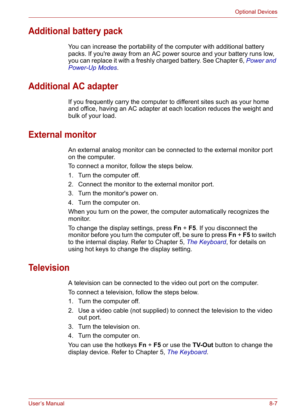 Additional battery pack, Additional battery pack -7, Additional ac adapter | External monitor, Television | Toshiba Equium M100 (PSMA8) User Manual | Page 109 / 149