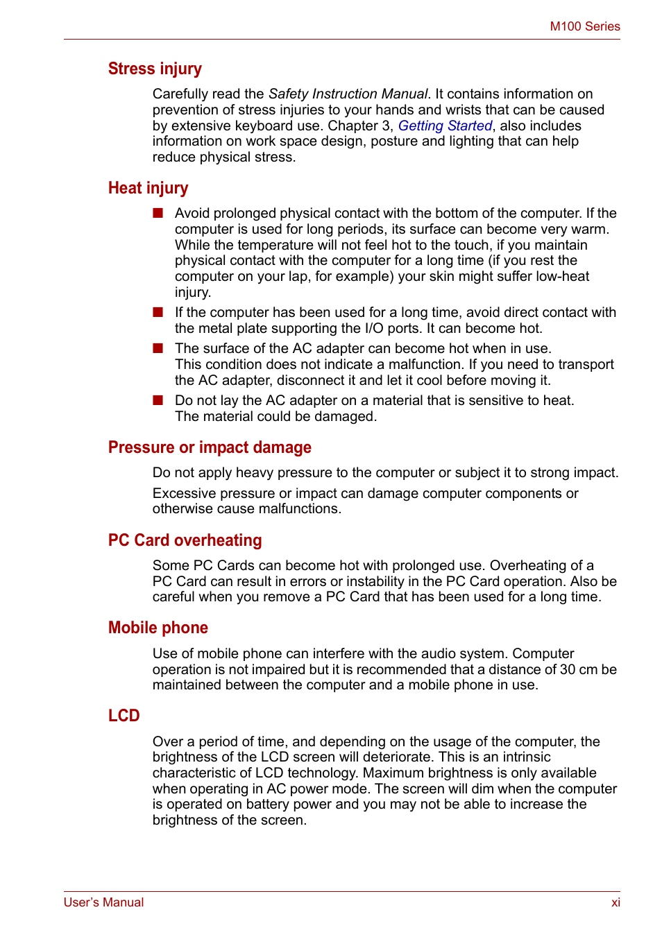 Stress injury, Heat injury, Pressure or impact damage | Pc card overheating, Mobile phone | Toshiba Equium M100 (PSMA8) User Manual | Page 11 / 149