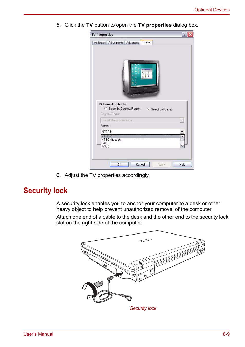Security lock, Security lock -9 | Toshiba Equium M100 (PSMA8) User Manual | Page 111 / 149