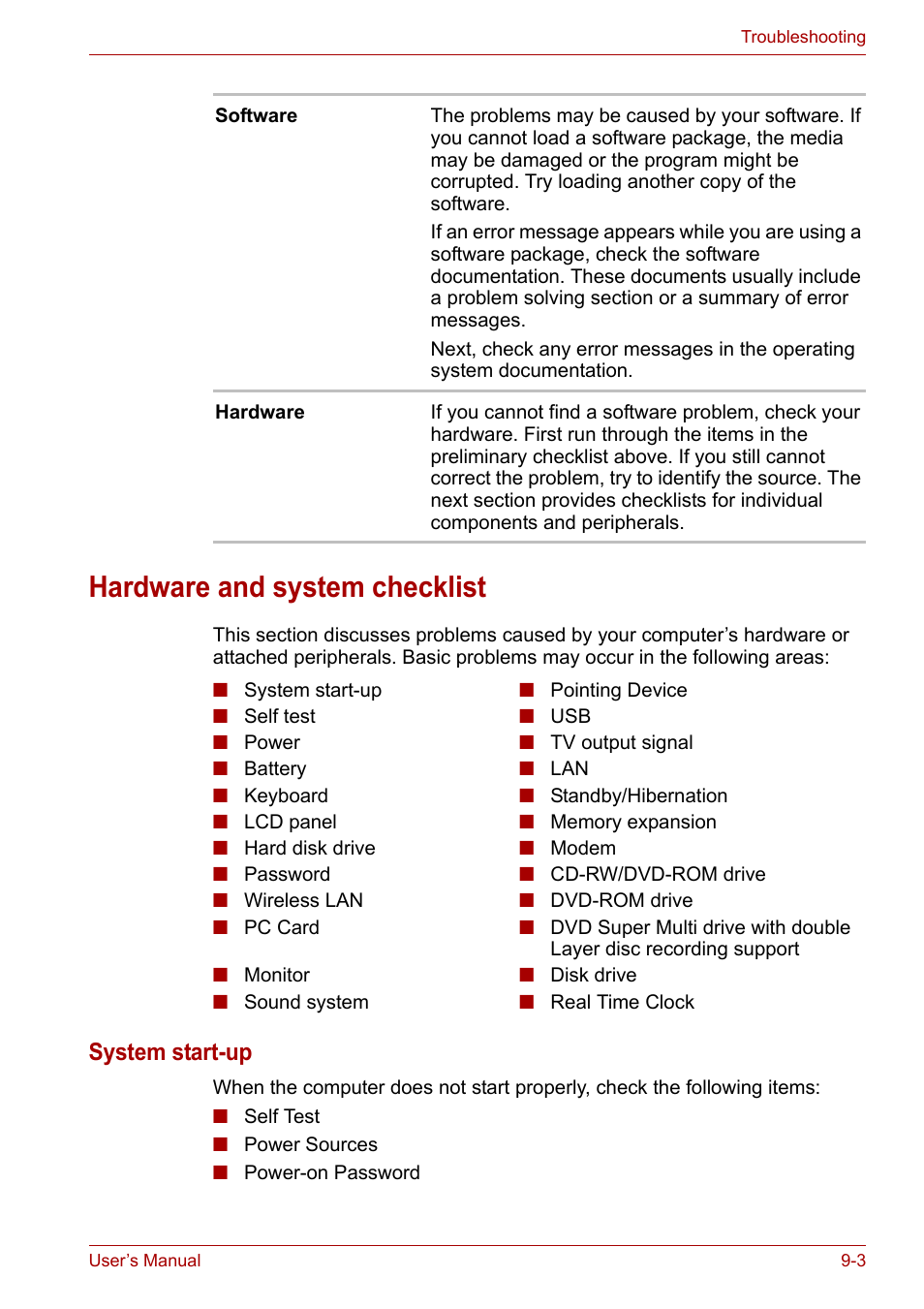 Hardware and system checklist, Hardware and system checklist -3, System start-up | Toshiba Equium M100 (PSMA8) User Manual | Page 114 / 149