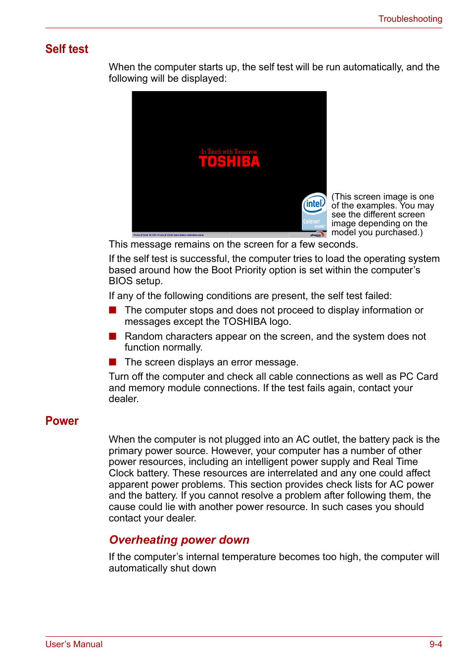 Self test, Power | Toshiba Equium M100 (PSMA8) User Manual | Page 115 / 149