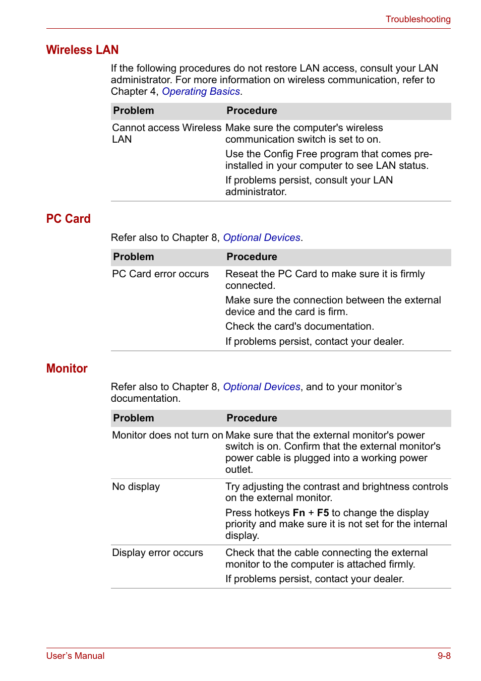 Wireless lan, Pc card, Monitor | Toshiba Equium M100 (PSMA8) User Manual | Page 119 / 149