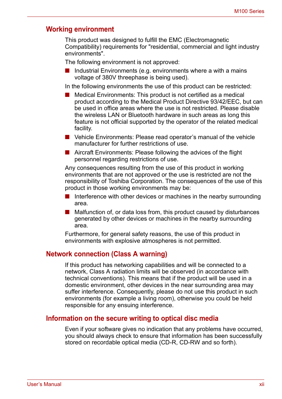 Working environment, Network connection (class a warning) | Toshiba Equium M100 (PSMA8) User Manual | Page 12 / 149