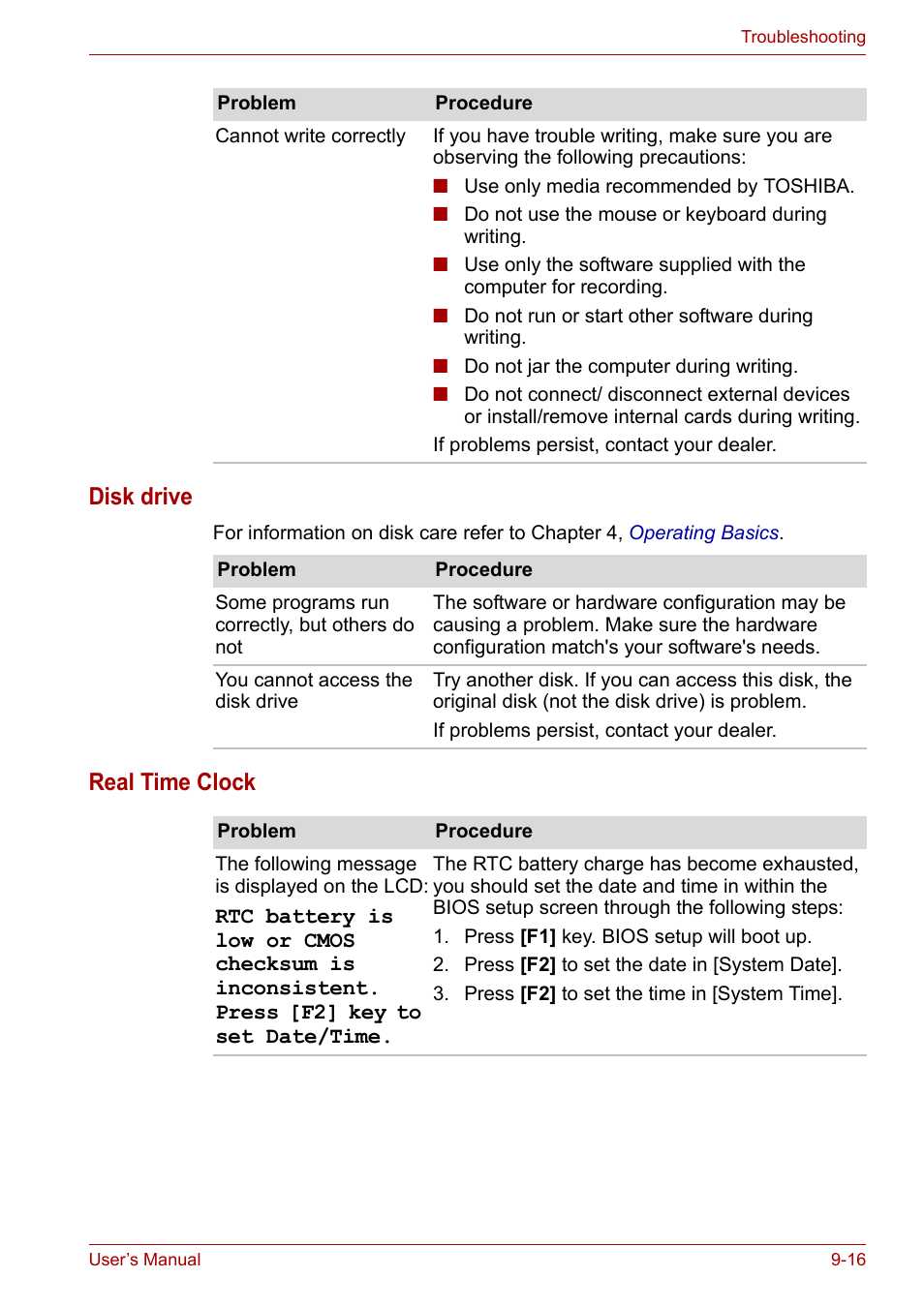 Disk drive, Real time clock | Toshiba Equium M100 (PSMA8) User Manual | Page 127 / 149