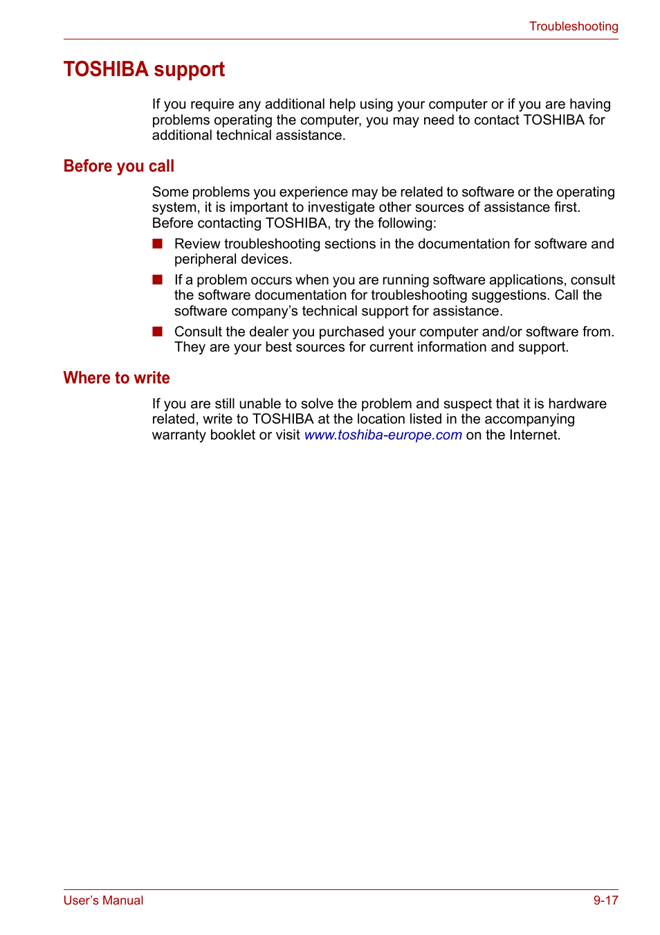 Toshiba support, Toshiba support -17, Before you call | Where to write | Toshiba Equium M100 (PSMA8) User Manual | Page 128 / 149