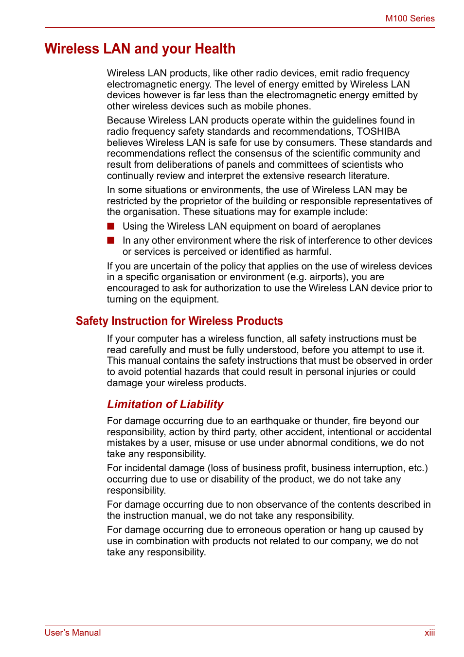 Wireless lan and your health, Safety instruction for wireless products | Toshiba Equium M100 (PSMA8) User Manual | Page 13 / 149