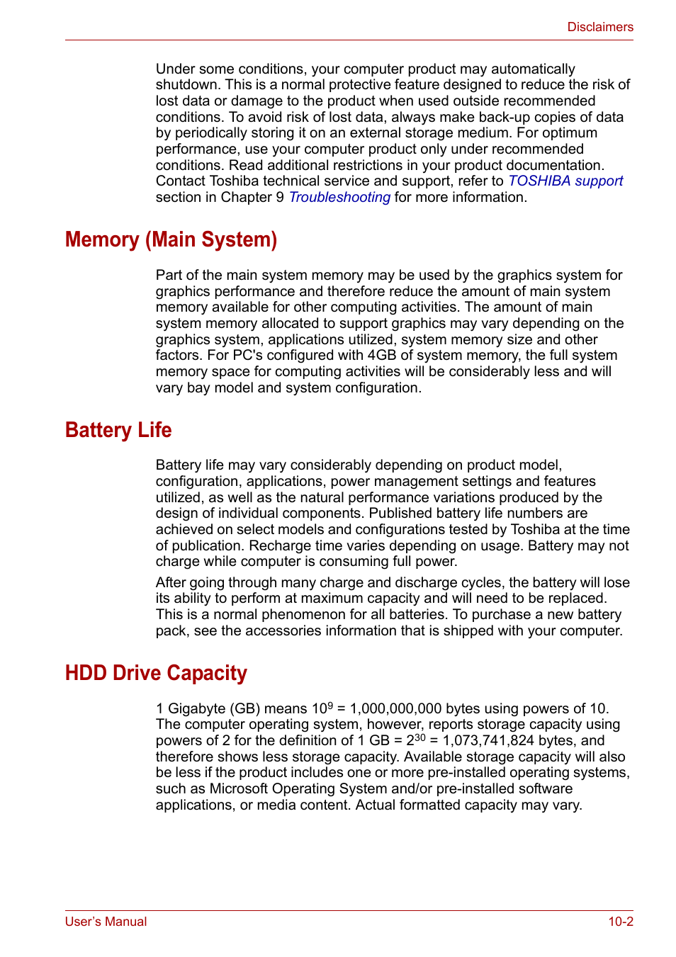 Memory (main system), Battery life, Hdd drive capacity | Toshiba Equium M100 (PSMA8) User Manual | Page 130 / 149