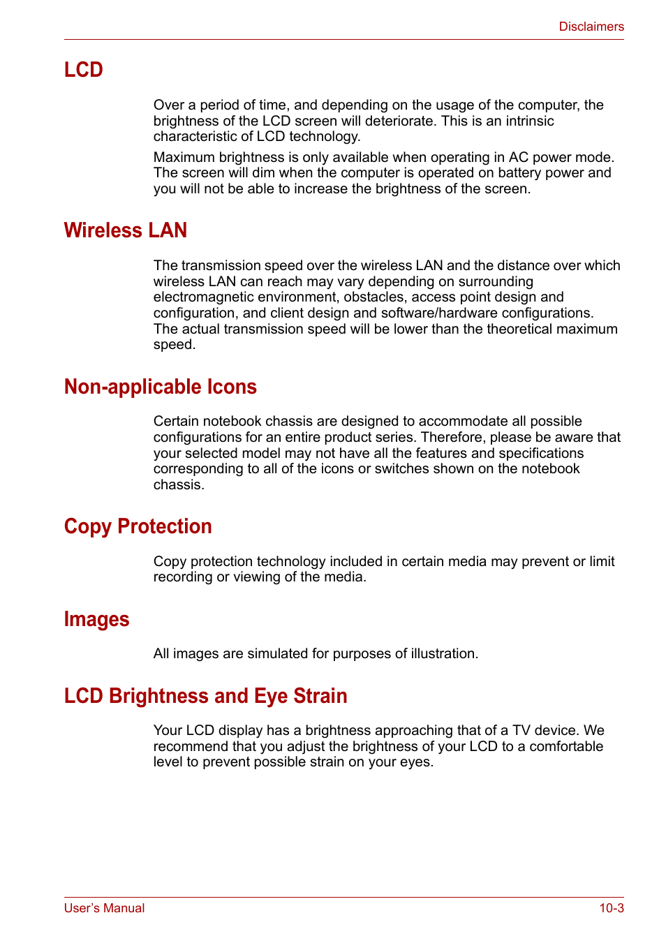 Wireless lan, Non-applicable icons, Copy protection | Images, Lcd brightness and eye strain | Toshiba Equium M100 (PSMA8) User Manual | Page 131 / 149