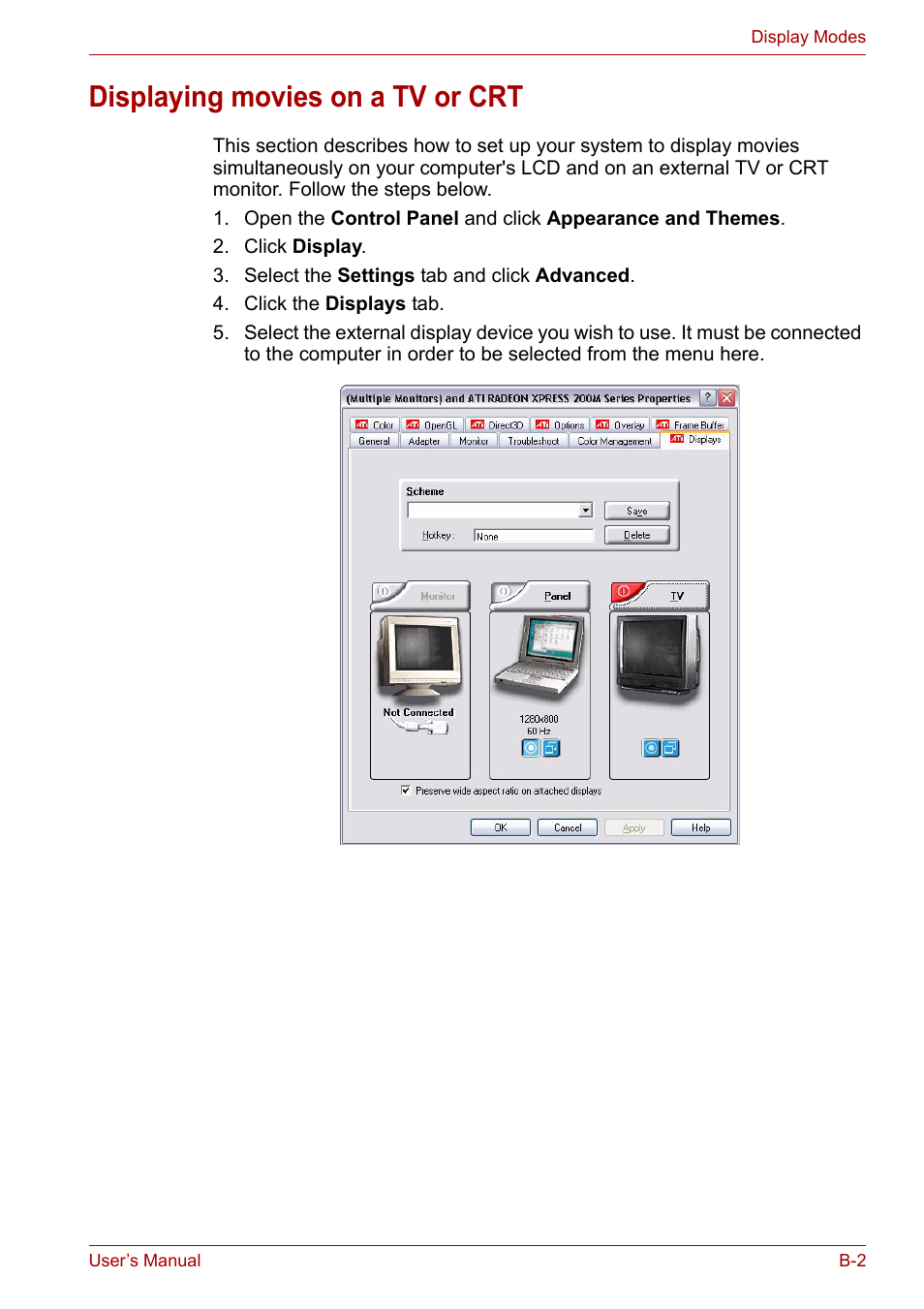 Displaying movies on a tv or crt | Toshiba Equium M100 (PSMA8) User Manual | Page 136 / 149