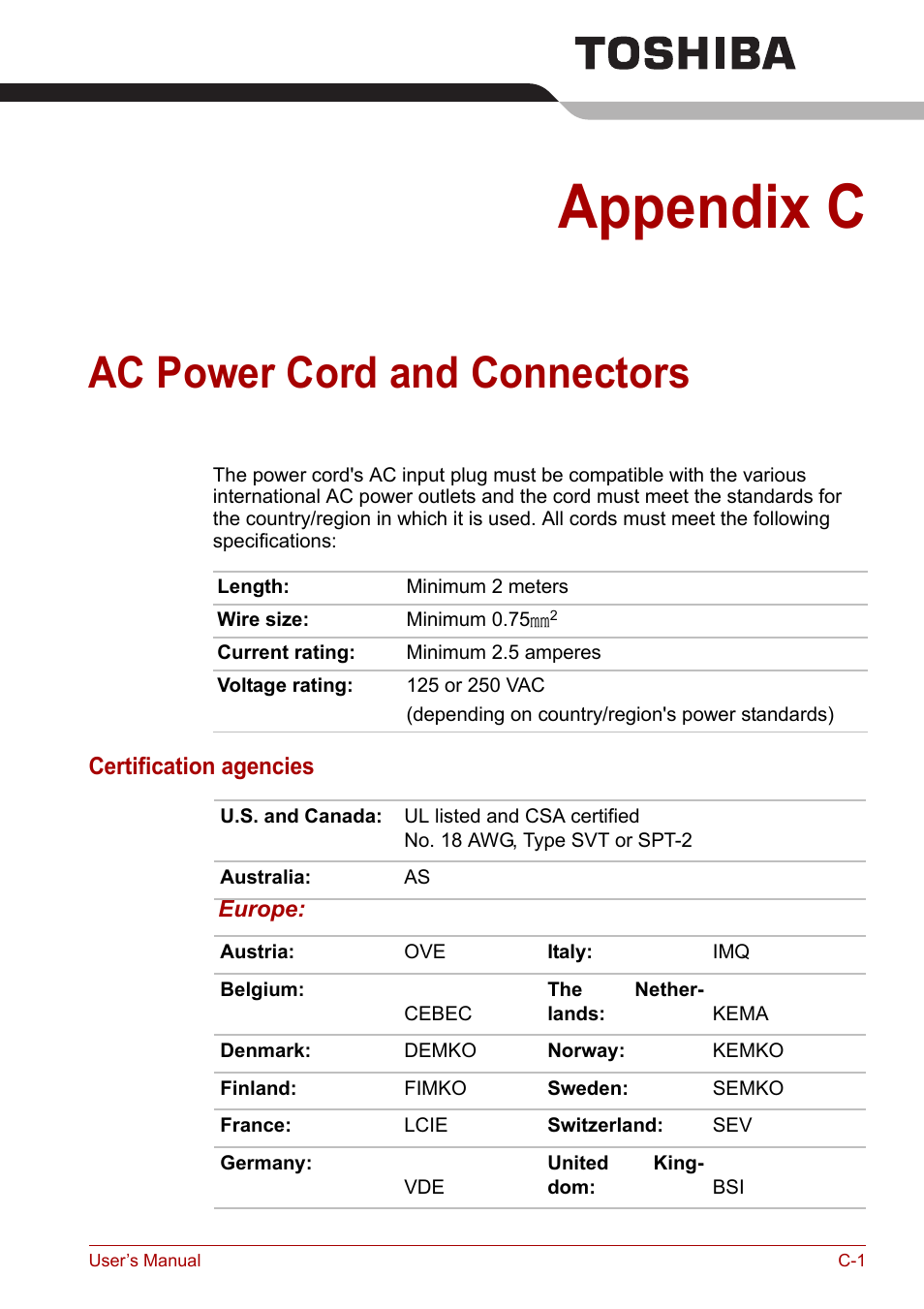 Appendix c: ac power cord and connectors, Appendix c, Ac power cord and connectors | Toshiba Equium M100 (PSMA8) User Manual | Page 138 / 149